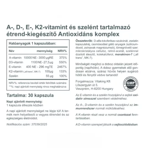Vitaking Antioxidáns komplex – A+D+E+K2+ szelén (30)