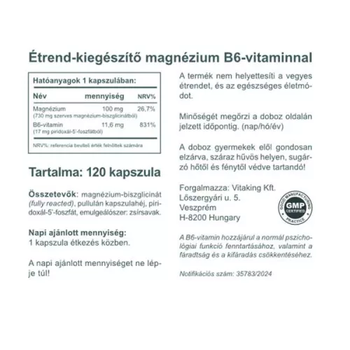 Vitaking Magnézium Biszglicinát + B6 (P5P) vitamin (120)