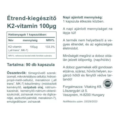 K2 vitamin MK7 - 100µg (90 kapszula)