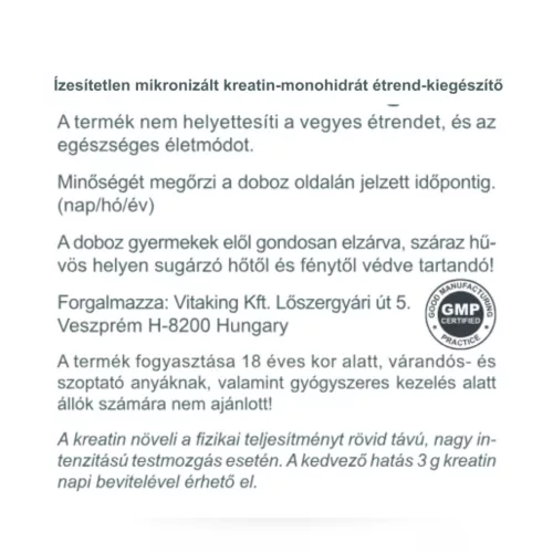 Vitaking 100% Kreatin monohidrát (natúr, mikronizált) 255 g