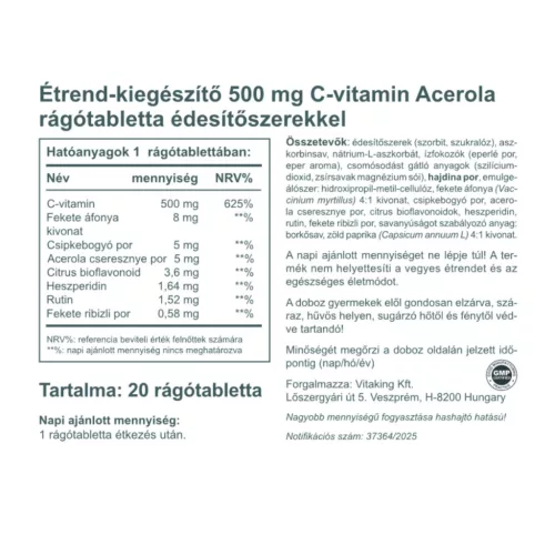 Vitaking Acerola C-500 epres (20 rágótabletta)