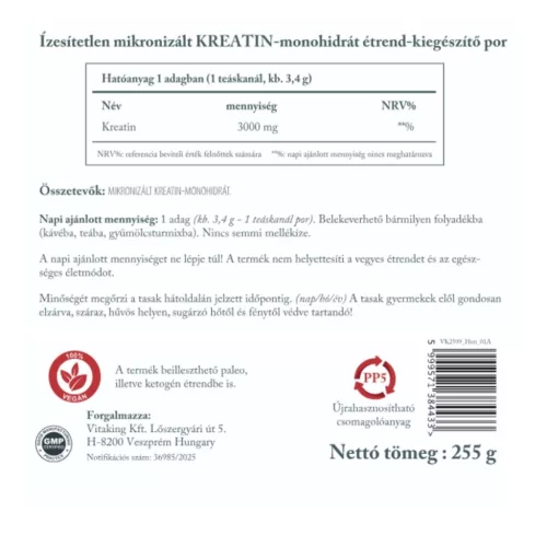 Vitaking 100% Kreatin monohidrát (natúr, mikronizált) 255g 
