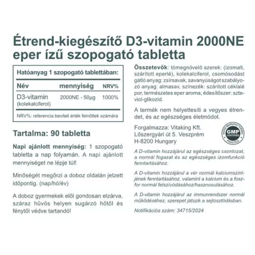 Vitaking D3-vitamin 2000NE ( 90 db epres szopogató tabletta)