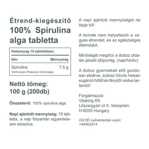 Vitaking Spirulina alga tabletta (200) 