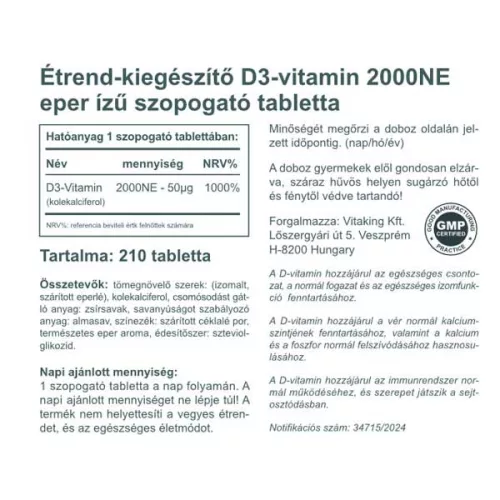 Vitaking D3-vitamin 2000NE ( 210 db epres szopogató tabletta)