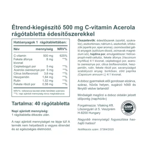 Vitaking Acerola C-500 epres (40 rágótabletta)
